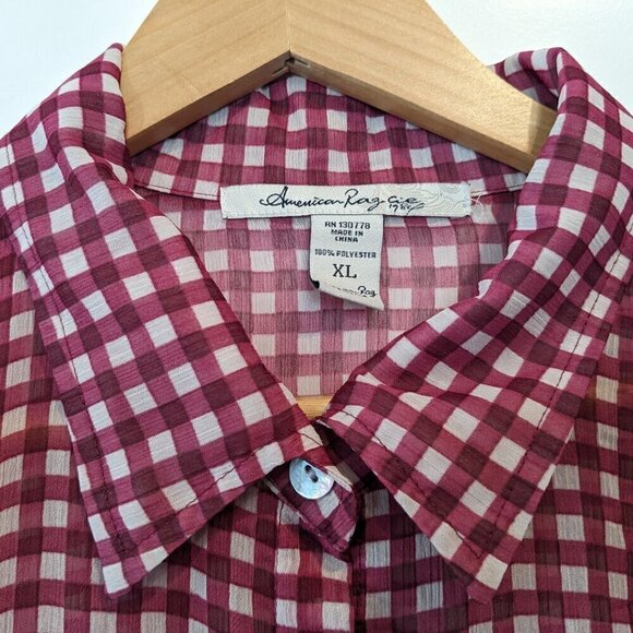 American Rag Cie Button-up Blouse Sheer Top Womens XL Red White Gingham Roll-Tab - Picture 8 of 15